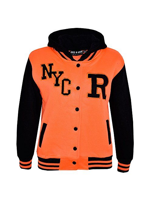 Kids Girls Boys R Fashion NYC Baseball Hooded Jacket Varsity Hoodie 5-13 Years