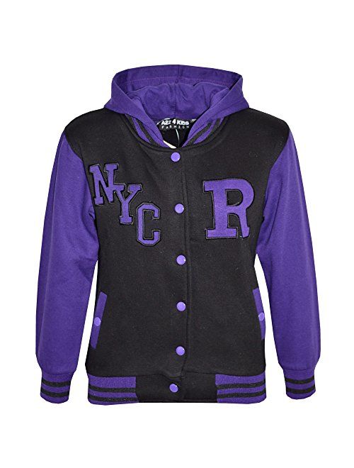 Kids Girls Boys R Fashion NYC Baseball Hooded Jacket Varsity Hoodie 5-13 Years