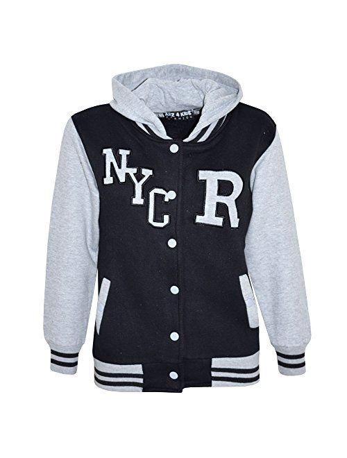 Kids Girls Boys R Fashion NYC Baseball Hooded Jacket Varsity Hoodie 5-13 Years