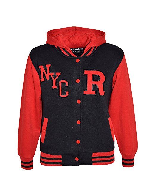 Kids Girls Boys R Fashion NYC Baseball Hooded Jacket Varsity Hoodie 5-13 Years