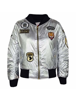Kids Jacket Girls Boys Badges Print Bomber Padded Zip Up Biker Jacktes MA 1 Coat