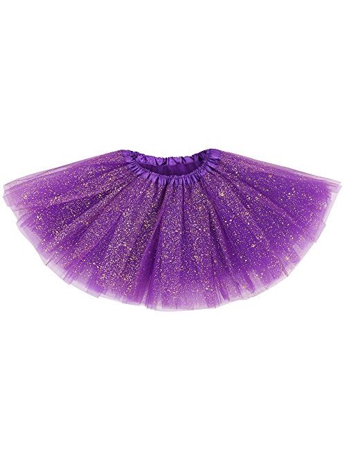 AshopZ Girl's Princess 4 Layered Dress Up Tulle Tutu Skirt with Sparkling Sequins