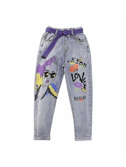 Digirlsor Little Big Girls Elastic Waist Jeans Toddler Kids Cartoon Print Casual Denim Pants Trousers,4-11Y