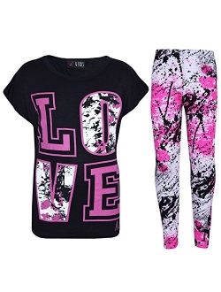 Kids Girls Top Love T Shirt & Splash Print Fashion Legging Set Age 5-13 Years