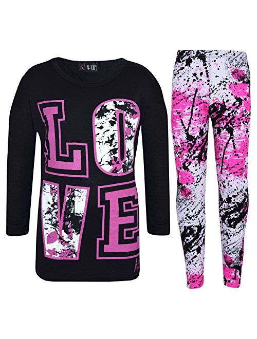 Kids Girls Top Love T Shirt & Splash Print Fashion Legging Set Age 5-13 Years