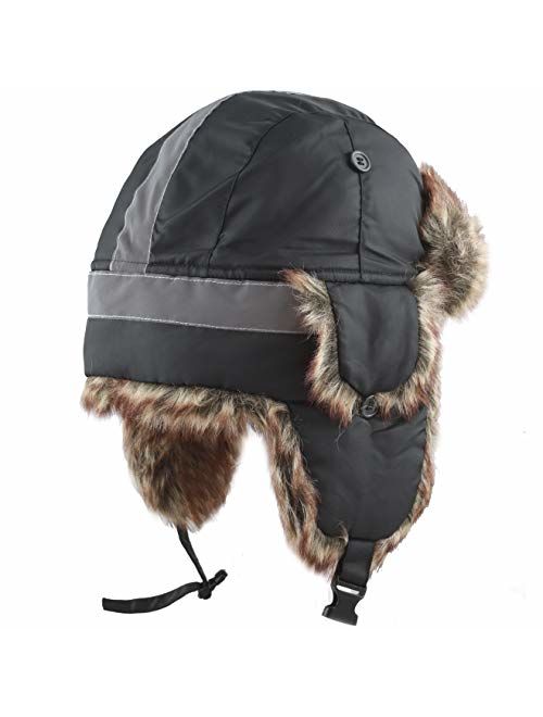 The Hat Depot Safety Reflective Faux Fur Aviator Kids Adult Trapper Hat Snow Ski Trooper Winter Cap