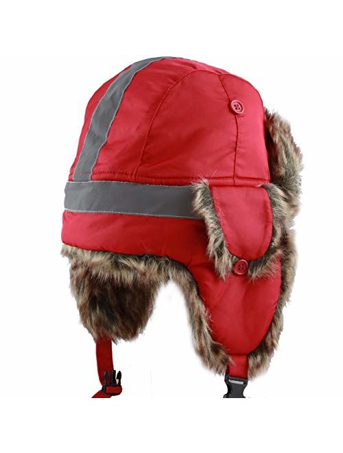 The Hat Depot Safety Reflective Faux Fur Aviator Kids Adult Trapper Hat Snow Ski Trooper Winter Cap