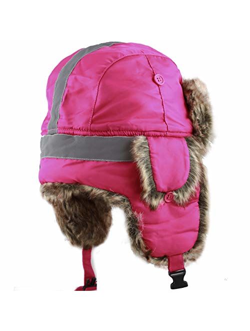 The Hat Depot Safety Reflective Faux Fur Aviator Kids Adult Trapper Hat Snow Ski Trooper Winter Cap