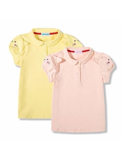 UNACOO Toddler Girls 2 Packs Polo Shirt with Picot Collar Cotton Short Sleeve T-Shirt (Age 2-8 Years)