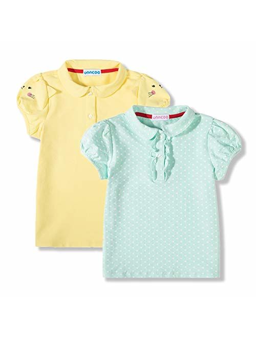 UNACOO Toddler Girls 2 Packs Polo Shirt with Picot Collar Cotton Short Sleeve T-Shirt (Age 2-8 Years)