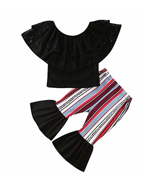 MAINESAKA Toddler Girl Stripe Off-Shoulder Tube Top + Pant Set Outfit