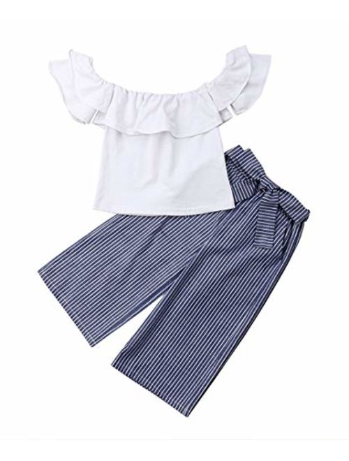 MAINESAKA Toddler Girl Stripe Off-Shoulder Tube Top + Pant Set Outfit