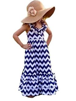 Jane's Mall Kids Girls Backless Wave Stripe Maxi Long Sundress Boho Dress Skirt