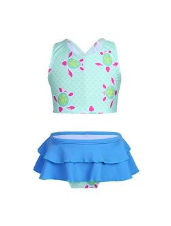 TIAOBU 2-Piece Kids Girls Tankini Turtles Printed Bikini Swimsuit Tops with Bottoms Bathing Suit