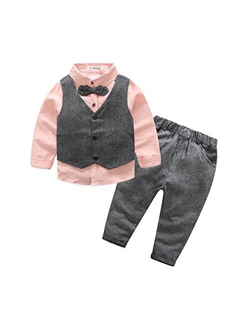 Boys 3Pcs Clothing Sets Cotton Long Sleeve Bowtie Shirts +Vest +Pants Casual Suit