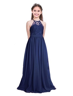 YiZYiF Kids Big Girls Halter Chiffon Lace Wedding Flower Girl Dresses Evening Prom Maxi Dance Party Gowns