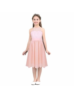 YiZYiF Kids Big Girls Halter Chiffon Lace Wedding Flower Girl Dresses Evening Prom Maxi Dance Party Gowns