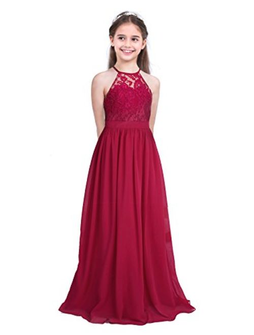 YiZYiF Kids Big Girls Halter Chiffon Lace Wedding Flower Girl Dresses Evening Prom Maxi Dance Party Gowns