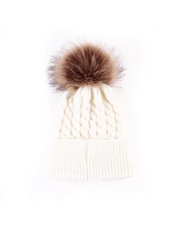 Baby Boys Girls Winter Knit Beanie Parent-Child Raccoon Fur Pom Bobble Hat Family Crochet Ski Cap