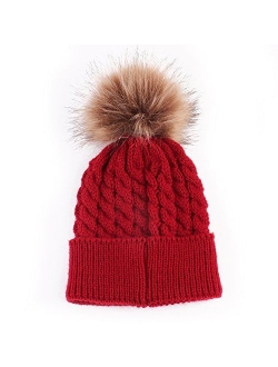 Baby Boys Girls Winter Knit Beanie Parent-Child Raccoon Fur Pom Bobble Hat Family Crochet Ski Cap