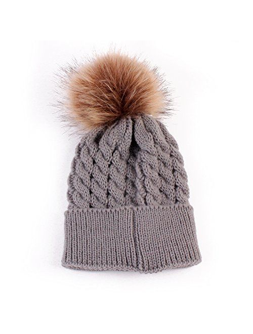 Baby Boys Girls Winter Knit Beanie Parent-Child Raccoon Fur Pom Bobble Hat Family Crochet Ski Cap