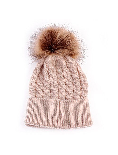 Baby Boys Girls Winter Knit Beanie Parent-Child Raccoon Fur Pom Bobble Hat Family Crochet Ski Cap