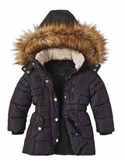 Girls Fleece Lined Quilted Midlength Winter Puffer Jacket Zip-Off Sherpa Hood