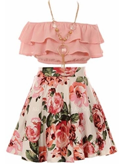 Cold Shoulder Crop Top Ruffle Layered Top Flower Girl Skirt Sets for Girl