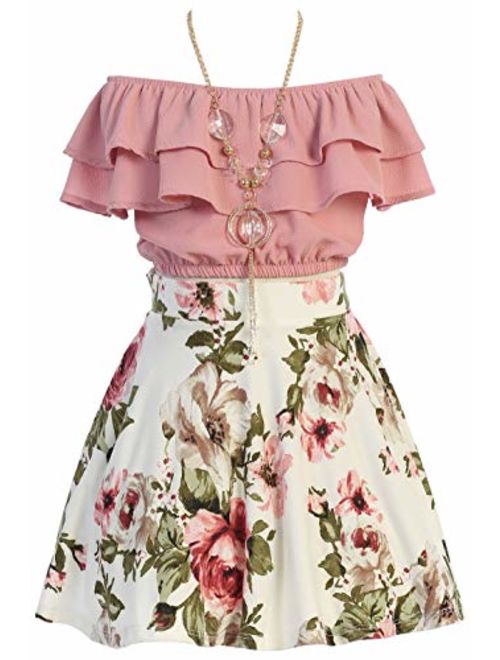 Cold Shoulder Crop Top Ruffle Layered Top Flower Girl Skirt Sets for Girl