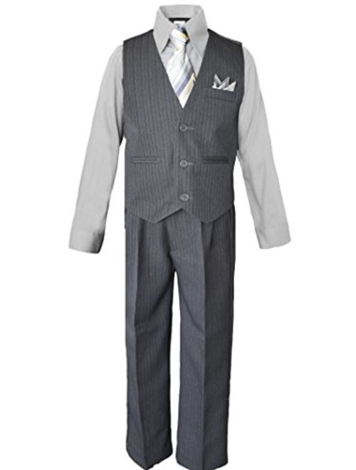 Black n Bianco Boys Pinstripe Dress Suit, with Vest, Shirt, Tie and Pants Set