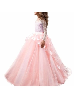 FYMNSI Flower Girls Lace Appliques First Communion Dress Long Sleeves Birthday Princess Ball Gown Wedding Dress 2-13T