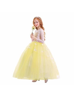 FYMNSI Flower Girls Lace Appliques First Communion Dress Long Sleeves Birthday Princess Ball Gown Wedding Dress 2-13T