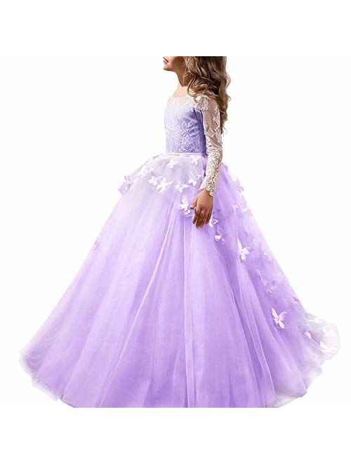 FYMNSI Flower Girls Lace Appliques First Communion Dress Long Sleeves Birthday Princess Ball Gown Wedding Dress 2-13T