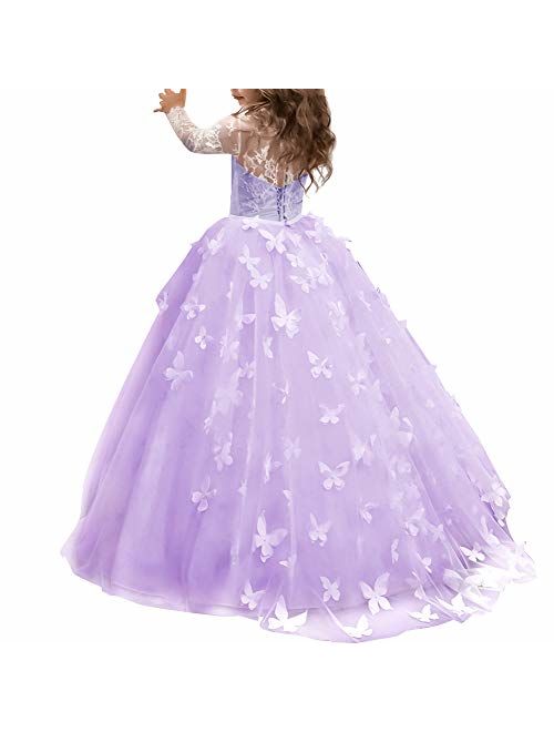 FYMNSI Flower Girls Lace Appliques First Communion Dress Long Sleeves Birthday Princess Ball Gown Wedding Dress 2-13T