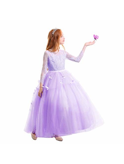 FYMNSI Flower Girls Lace Appliques First Communion Dress Long Sleeves Birthday Princess Ball Gown Wedding Dress 2-13T