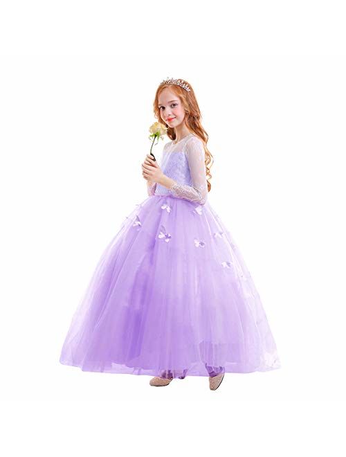 FYMNSI Flower Girls Lace Appliques First Communion Dress Long Sleeves Birthday Princess Ball Gown Wedding Dress 2-13T