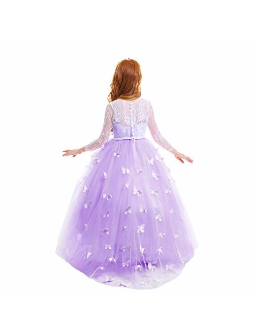 FYMNSI Flower Girls Lace Appliques First Communion Dress Long Sleeves Birthday Princess Ball Gown Wedding Dress 2-13T