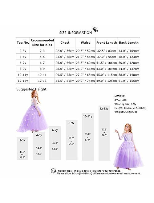 FYMNSI Flower Girls Lace Appliques First Communion Dress Long Sleeves Birthday Princess Ball Gown Wedding Dress 2-13T