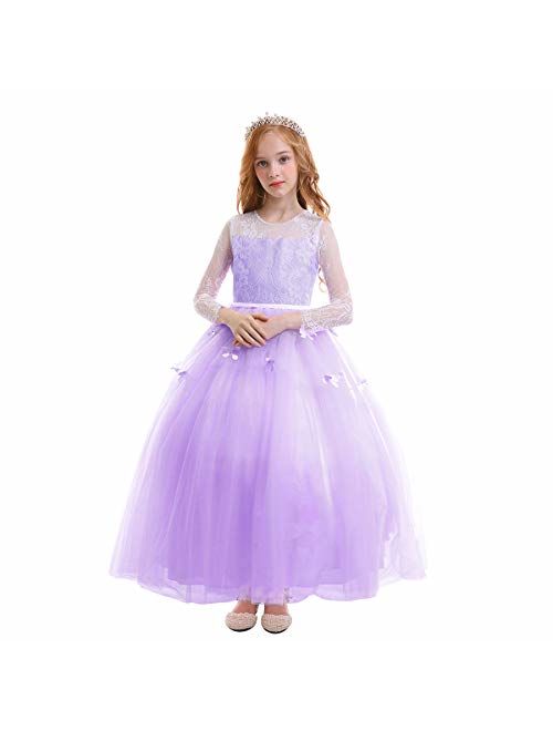 FYMNSI Flower Girls Lace Appliques First Communion Dress Long Sleeves Birthday Princess Ball Gown Wedding Dress 2-13T