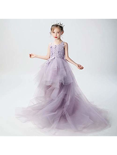 Angel Dress Shop Train Flower Girl Dress High-Low First Communion Lace Tulle Appliques Pageant Wedding Puffy Long Tail Dress