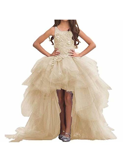 Angel Dress Shop Train Flower Girl Dress High-Low First Communion Lace Tulle Appliques Pageant Wedding Puffy Long Tail Dress