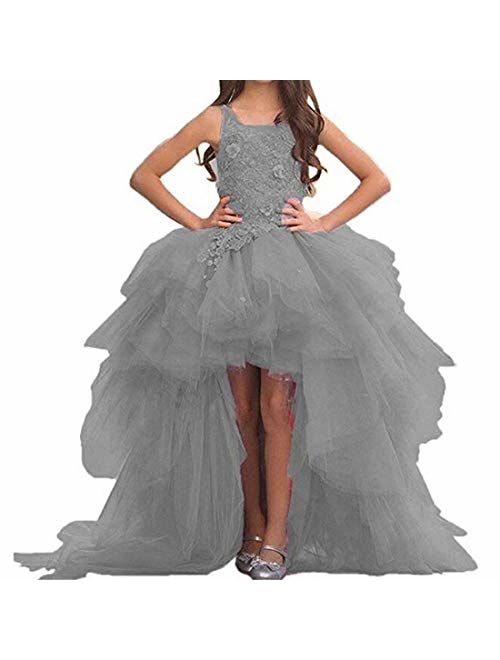 Angel Dress Shop Train Flower Girl Dress High-Low First Communion Lace Tulle Appliques Pageant Wedding Puffy Long Tail Dress