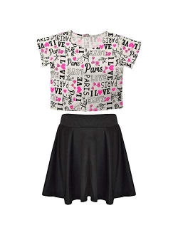 a2z4kids Comic Graffiti Leopard #Selfie Crop Top & Fashion Skater Skirt Set