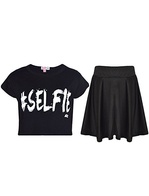 a2z4kids Comic Graffiti Leopard #Selfie Crop Top & Fashion Skater Skirt Set