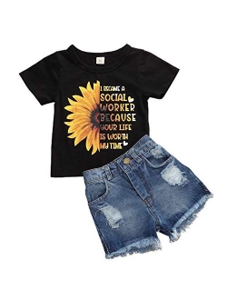 Toddler Baby Girls Jeans Shorts Outfits Floral Shirt Tops Ripped Denim Shorts Summer Clothes Set