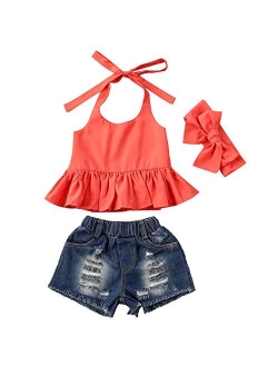 Toddler Baby Girls Jeans Shorts Outfits Floral Shirt Tops Ripped Denim Shorts Summer Clothes Set