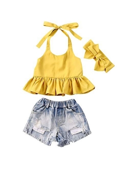 Toddler Baby Girls Jeans Shorts Outfits Floral Shirt Tops Ripped Denim Shorts Summer Clothes Set