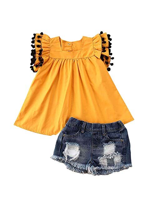 Canis Toddler Baby Girls Jeans Shorts Outfits Floral Shirt Tops Ripped Denim Shorts Summer Clothes Set