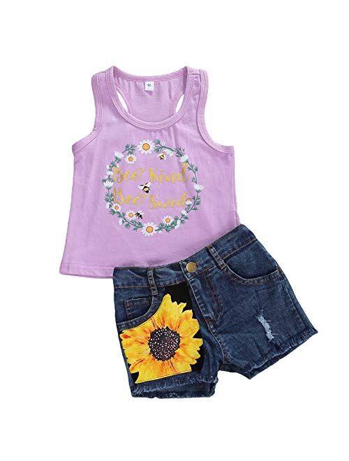 Canis Toddler Baby Girls Jeans Shorts Outfits Floral Shirt Tops Ripped Denim Shorts Summer Clothes Set