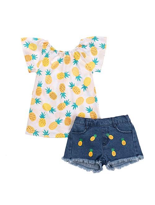 Canis Toddler Baby Girls Jeans Shorts Outfits Floral Shirt Tops Ripped Denim Shorts Summer Clothes Set